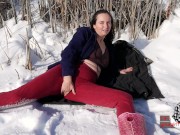 Preview 5 of Snowy Frozen Pond Outdoor Clothed MILF Masturbation-- Beautiful Orgasm, Visible Breath