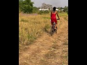 Preview 1 of The farmer’s daughter riding naked on a bicycle and masturbate in the road on a hot sunny day