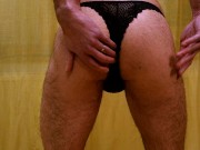 Preview 2 of Man jerking with condom in lace panties that he found on the street