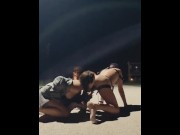 Preview 2 of Teen Girl Hardcore Straps On Guy with Huge Dildo with moans on a leash Public Outdoors, Pegging