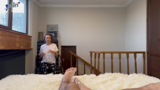Step-sis sits on dick with her wet pussy and takes cum in her mouth for a vacation trip