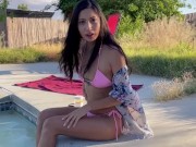 Preview 1 of Watch me finger my little pussy by the pool POV