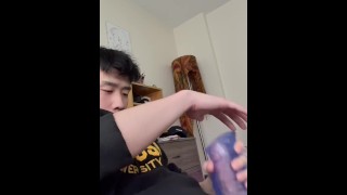 Asian Stud Moans Loudly while edging with Tenga Spinner