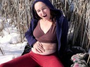 Preview 2 of Winter Outdoors, MILF Melts Snow in Bellybutton, Chubby Belly Play