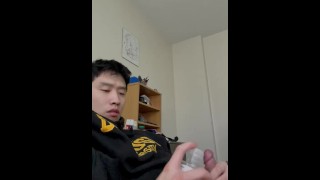 Cute Asian Guy Rubbing his Throbbing Lubed Cock