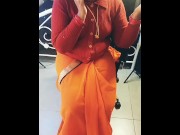 Preview 1 of Low Hip Orange Saree Navel Aunty