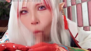 Japanese cosplayer cosplays as an game character and gives a man a handjob and intercrural sex.