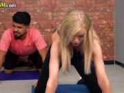 Preview 3 of CFNM British yoga femdoms jerk guy cock in group action