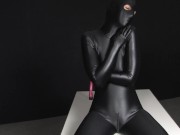 Preview 1 of Super babe in black spandex zentai full body suit masturbates with pink dildo