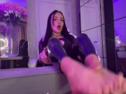 Preview 2 of Delicious foot fetish in latex pants, pussy fucking and cumshot on feet