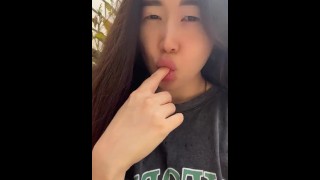 Cute 18yo Asian teen fingers her pussy then sucks a big white dick - Real Sex with Baebi Hel