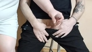 the bitch jerks off my dick and look at the cum