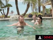 Preview 2 of DEVILS FILM - Hot Bisexual Threesome Poolside With Gorgeous Victoria Sunshine And Two Horny Men