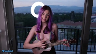 Hot girl playing on ukulele and singing in a naughty bikini 🎶
