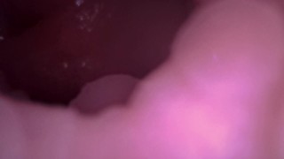 Extreme close up! Cum flowing and dripping into pussy!