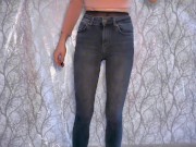 Preview 3 of Self wetting in tight jeans and pantyhose and getting pissed on