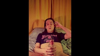 cute guy edges big cock with fleshlight until they cum while listening to breakcore