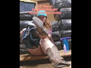 Preview 4 of Horny Farmgirl Fucks herself in barn and horse Trailer wearing Chaps! Squirting everywhere!