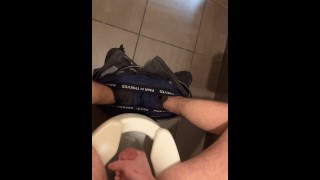 Trying so hard to be quite dirty talking at work huge cumshot public restroom moaning