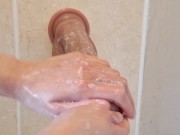 Preview 1 of Washing my realistic soft dildo before playing with it and clit until SUPER nice orgasm PART 1