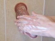 Preview 2 of Washing my realistic soft dildo before playing with it and clit until SUPER nice orgasm PART 1