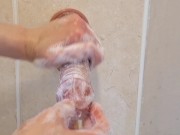 Preview 6 of Washing my realistic soft dildo before playing with it and clit until SUPER nice orgasm PART 1