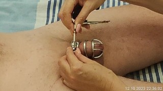 Fun BDSM game with nipples and electric shock on balls. CBT