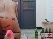 Preview 5 of Sissy in micro bikini and pink heels taking an anal beer