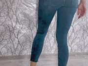Preview 1 of I wet myself through pantyhose and jeans. Friend pees in my jeans