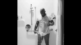 🧼🚿Soapy shower time Wet t-shirt dick swinging slippery brown muscle butt man