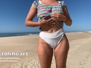 Preview 1 of BEACH STRIP - showing my shaved tight pussy on a public beach