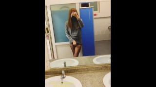 Chinese ladyboy cums on black stockings in public toilet