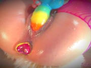 Preview 3 of Rainbow Monster Dildo v.s. Tight Pink Pussy= Explosive Cumshots__Compilation