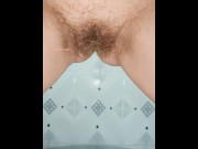 Preview 1 of Super Close Up Hairy Pussy Peeing with a Spotlight in Public Toilet
