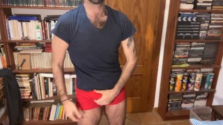 Hot stud jerks off and CUMS all over his own shirt