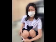 Preview 5 of Japanese crossdresser in high school uniform masturbates in the corner of an outdoor parking lot