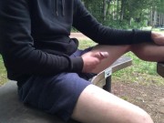 Preview 5 of Boy with huge curved cock jerking and cumming in the forest