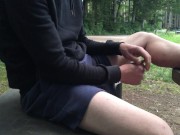 Preview 6 of Boy with huge curved cock jerking and cumming in the forest