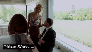serious office secretary in blue pencil skirt having sex meeting with the boss