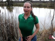 Preview 2 of Soaked Polo Shirt MILF Tits, Wet Blue Jeans, Outdoors At The Pond