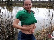 Preview 6 of Soaked Polo Shirt MILF Tits, Wet Blue Jeans, Outdoors At The Pond