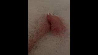 Mixed Chick with pretty feet and foot fetish shows French Tip Toes White Tip Toes in Bubbles Bath