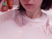Preview 1 of having fun in the bathtub with foam in a wet white top. I smoke and listen to 2rbina2rists