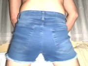 Preview 1 of Striptease and messy cum blasts onto blue denim jeans shorts with big fly buttons 🍌🥵🐳