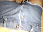 Preview 4 of Striptease and messy cum blasts onto blue denim jeans shorts with big fly buttons 🍌🥵🐳