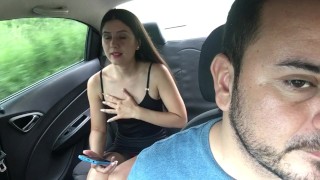 Linda Venezuelan strips naked in the car and fucks her pussy with her dildo for the Uber driver.