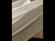 Preview 1 of guy jerks off hairy uncut dick in his bed and cums on his body