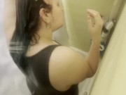 Preview 2 of Showering in a dress: Soaking wet and soapy in a grey dress, hugging every curve