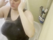 Preview 3 of Showering in a dress: Soaking wet and soapy in a grey dress, hugging every curve