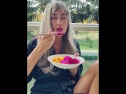 Preview 2 of Sexy beauty girl model. Chopsticks and Exotic Fruits